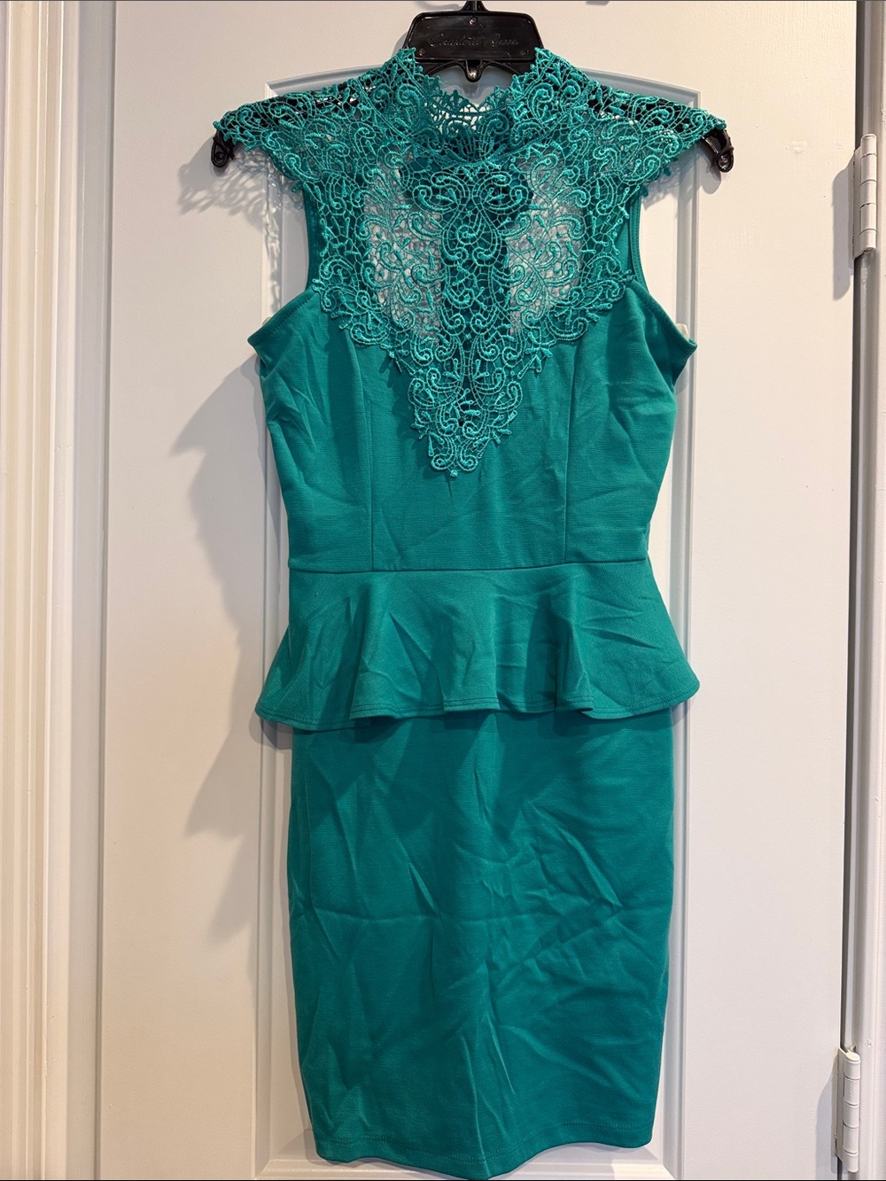 Solemio Teal Lace High-Neck Peplum Sheath Dress